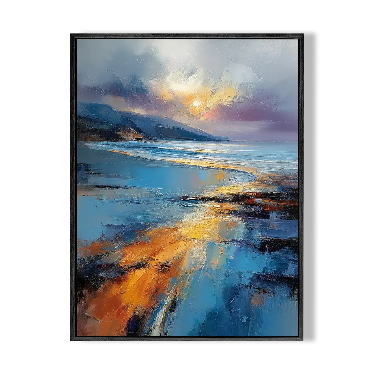 Framed abstract painting of a landscape with mountains and water.