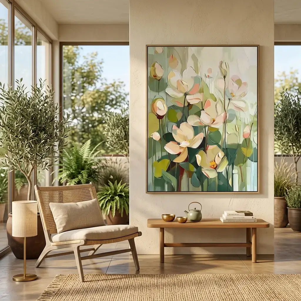 Modern living room with a floral painting, wicker chair, and wooden coffee table.