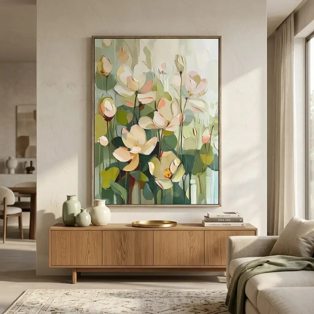 Floral painting on a wall above a wooden cabinet in a living room.