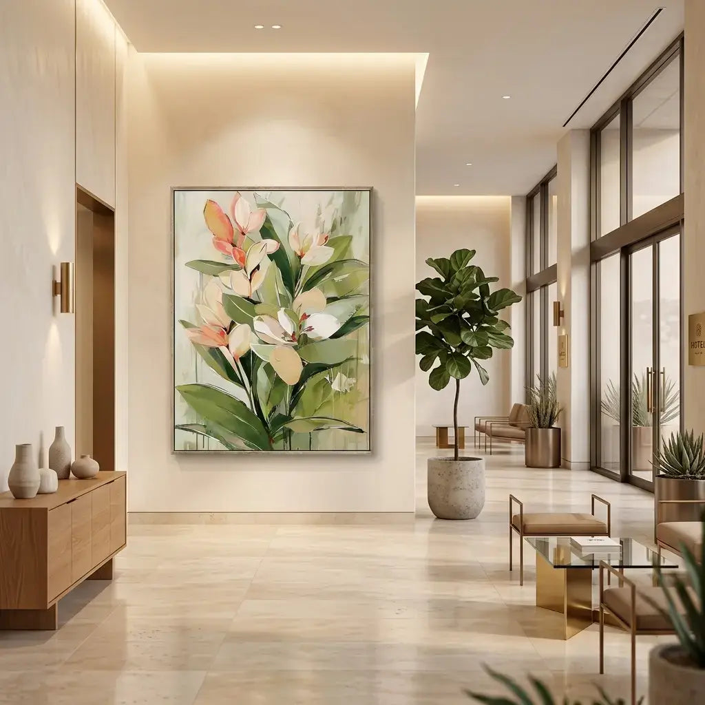 Modern interior design of a hallway with a floral painting, wooden cabinet, and potted plants.