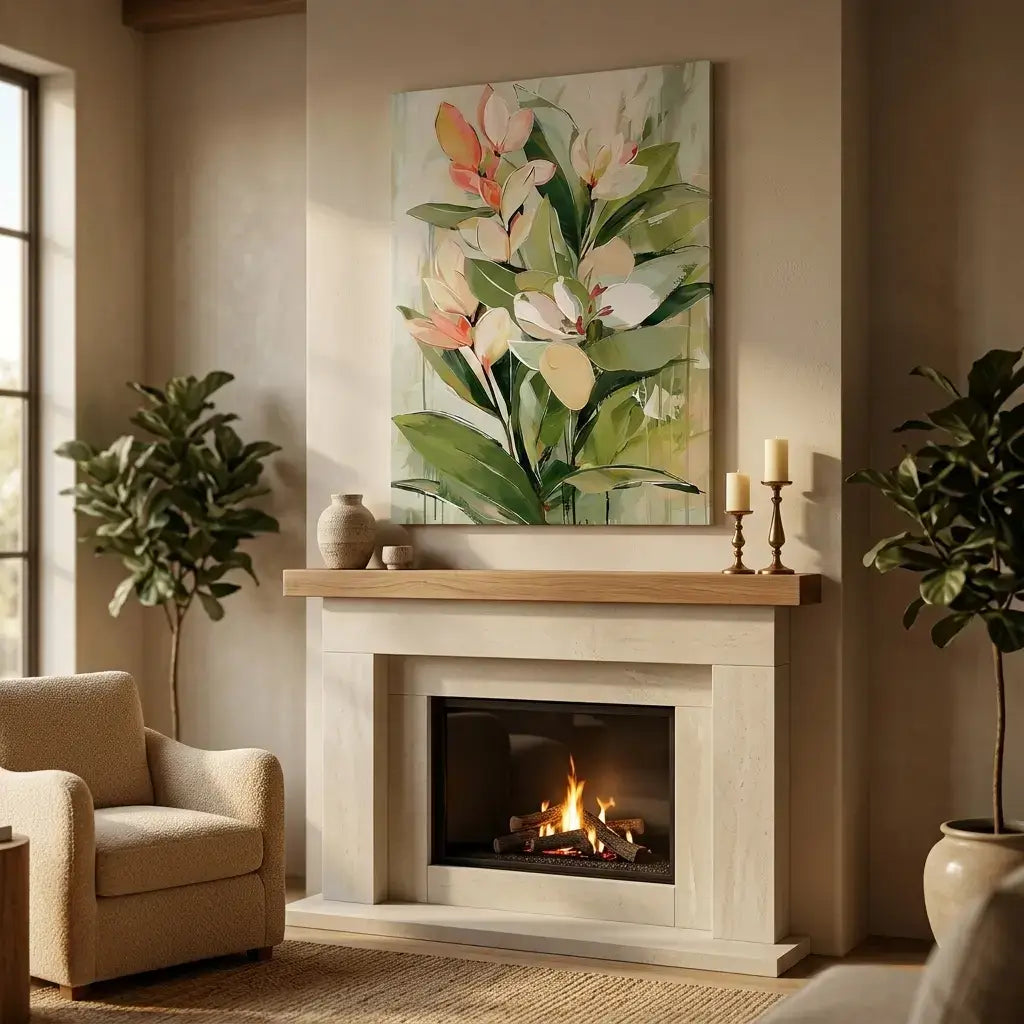 Living room with a fireplace, floral painting, and decorative items.