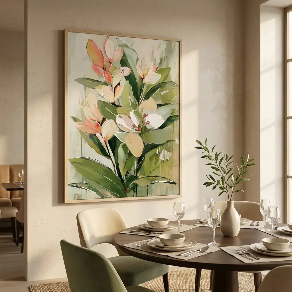 Dining room with a floral painting on the wall and a set table.