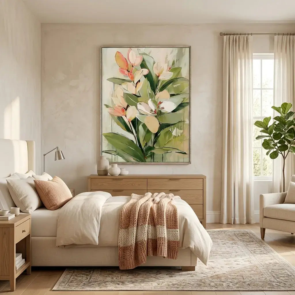 Modern bedroom with floral artwork on the wall, bed with plaid blanket, and side tables.