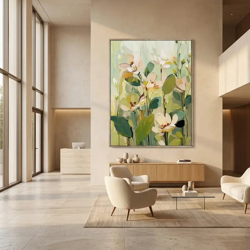Modern living room with floral artwork on the wall