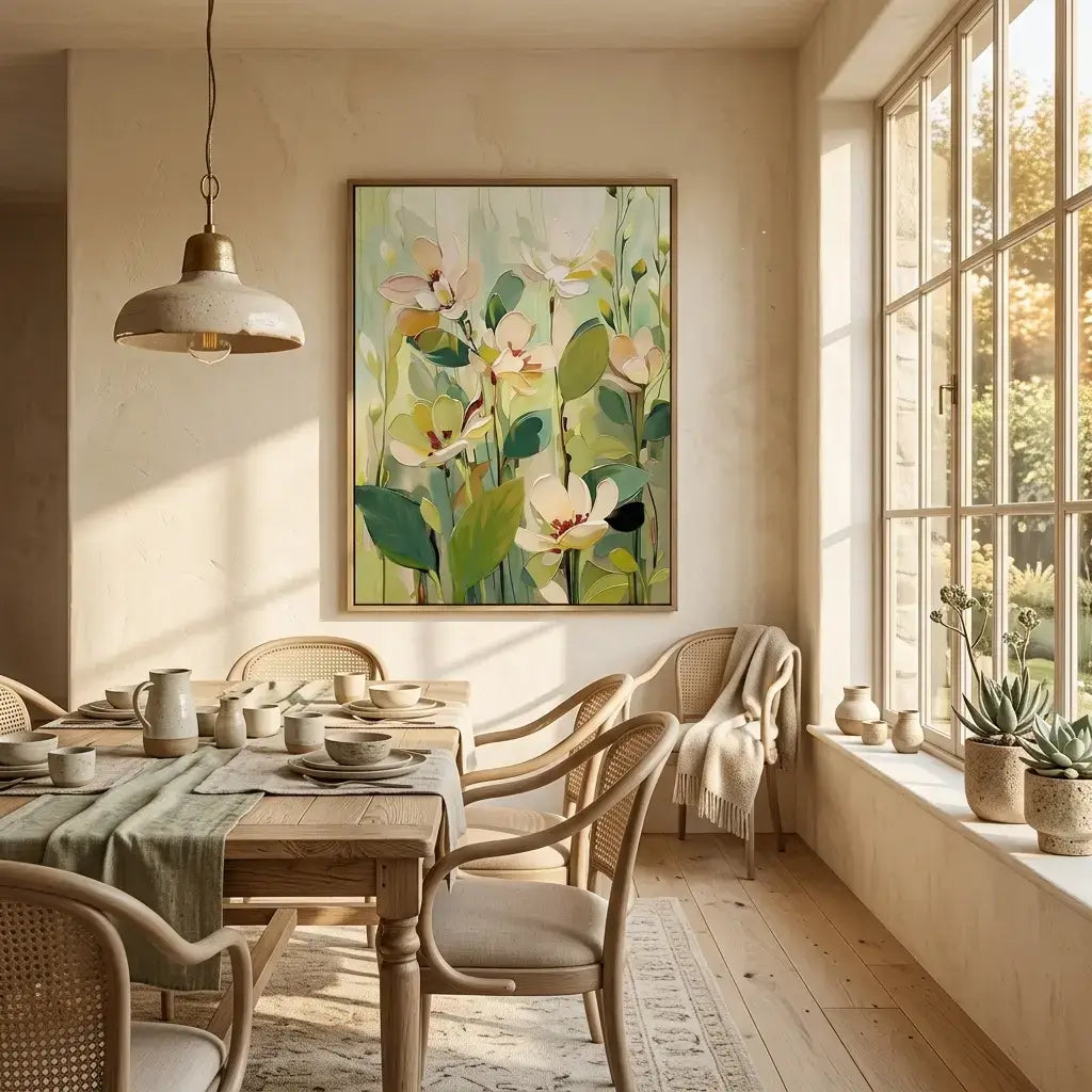 Dining room with wooden table, chairs, and a floral painting on the wall.