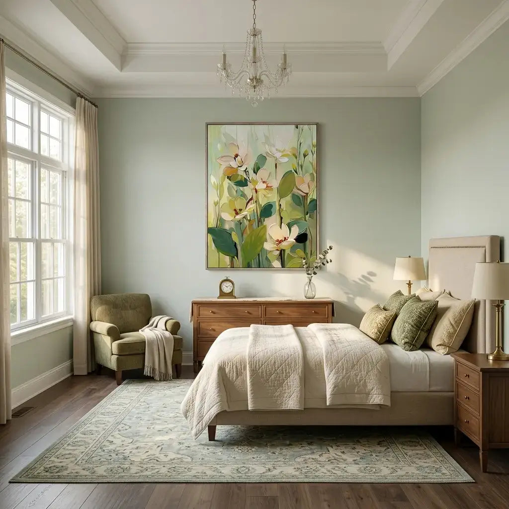 Neatly decorated bedroom with a bed, armchair, and wall art.