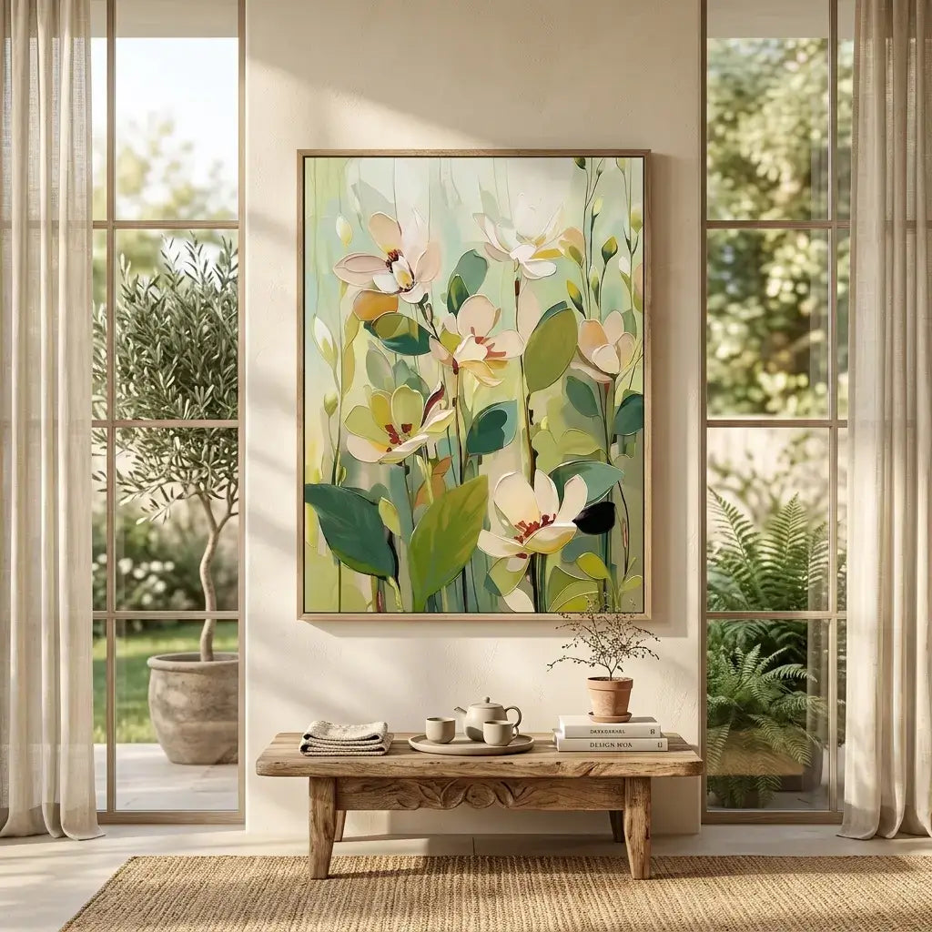 Decorative floral painting on a wall above a wooden bench with a view of greenery outside.