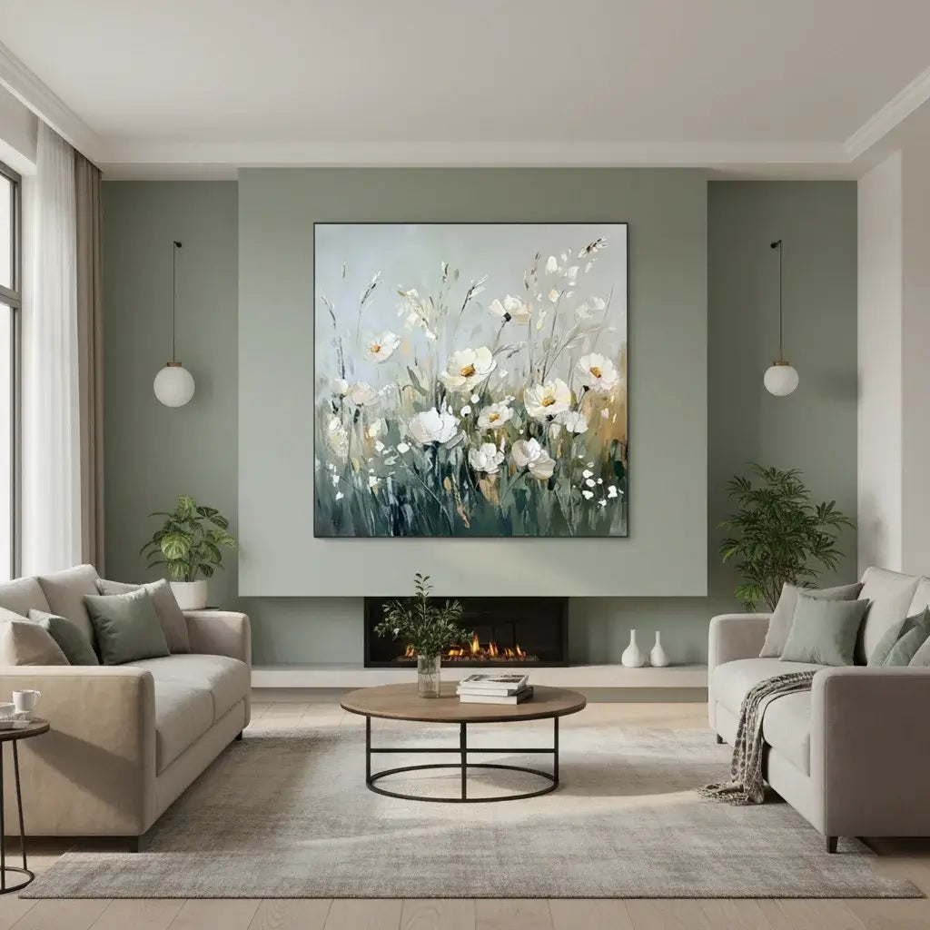 Modern living room with a large floral painting on the wall, two sofas, a coffee table, and decorative items.
