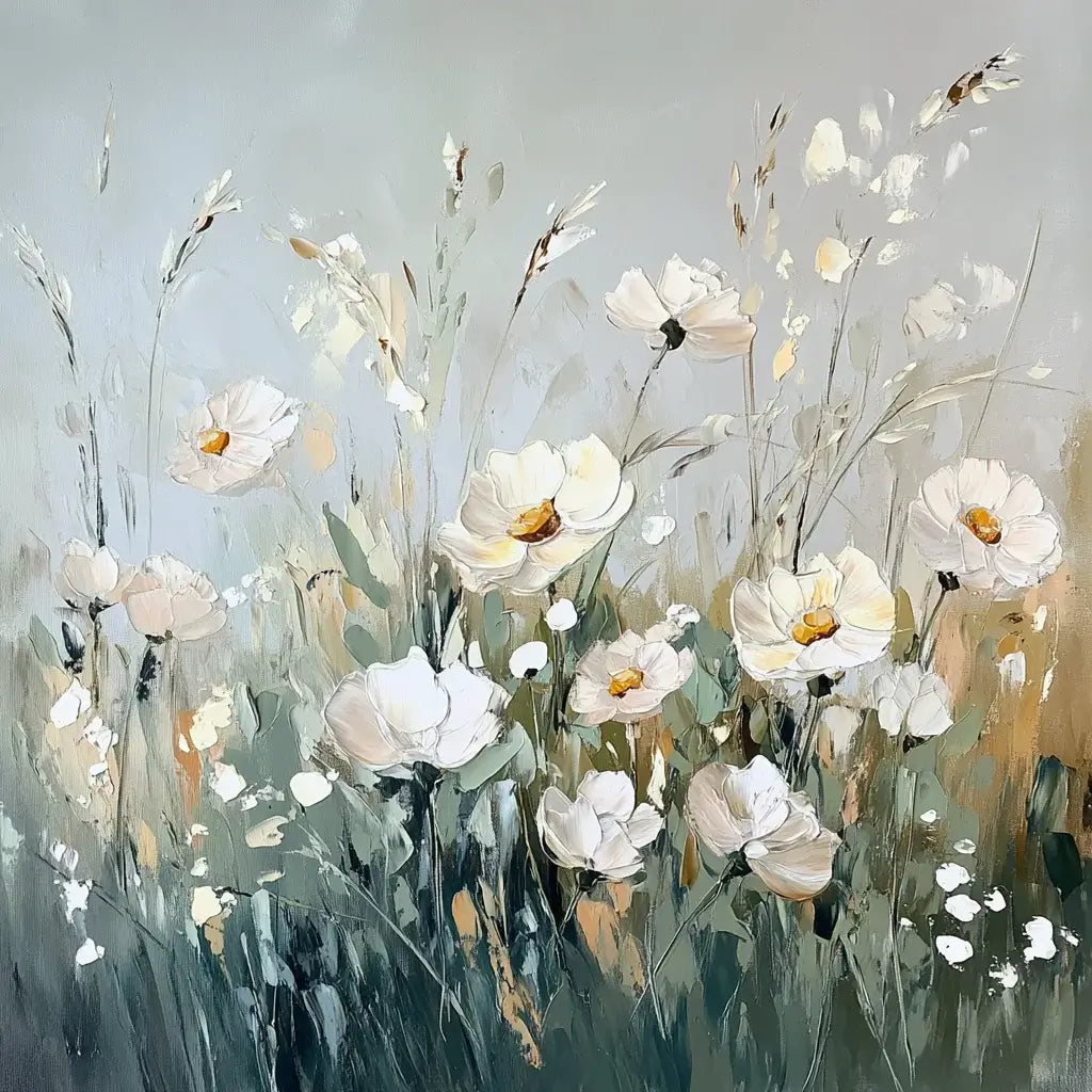 Painting of white flowers with greenery on a light blue background