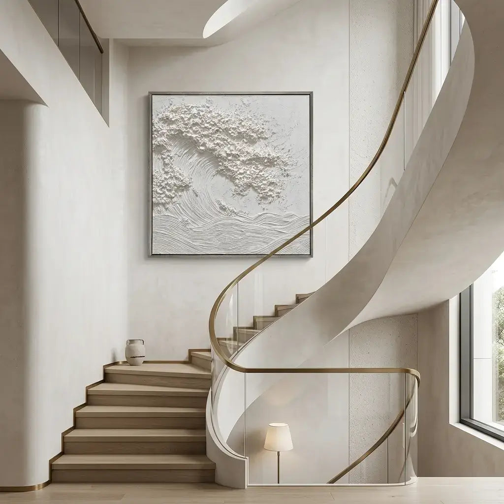 Spiral staircase in a modern interior with abstract wall art