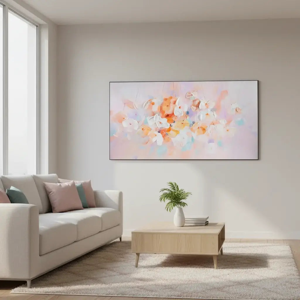 Living room with a white sofa, coffee table, and abstract floral painting on the wall.