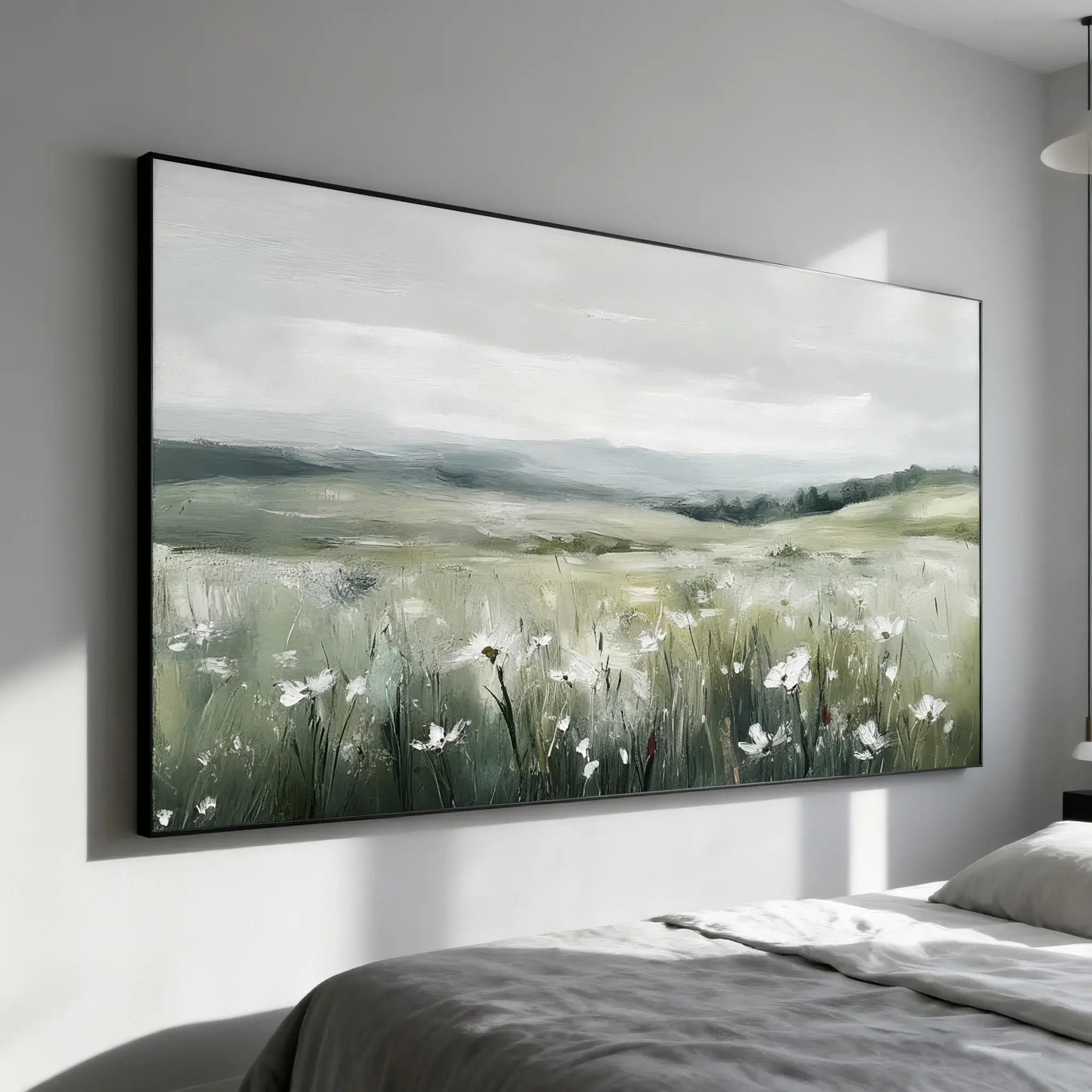Large abstract landscape painting on a wall above a bed