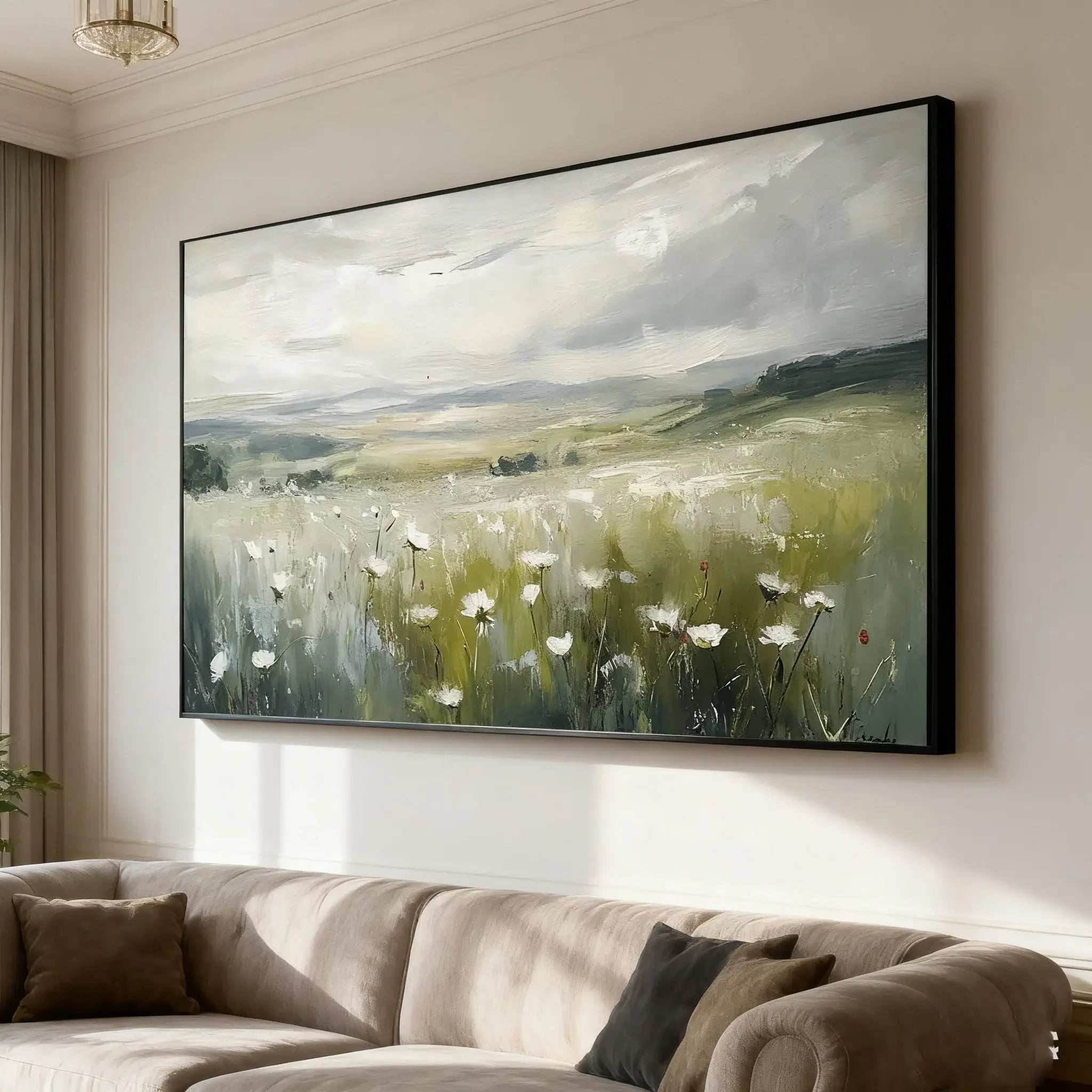 Large painting of a landscape with fields and clouds above a beige sofa.
