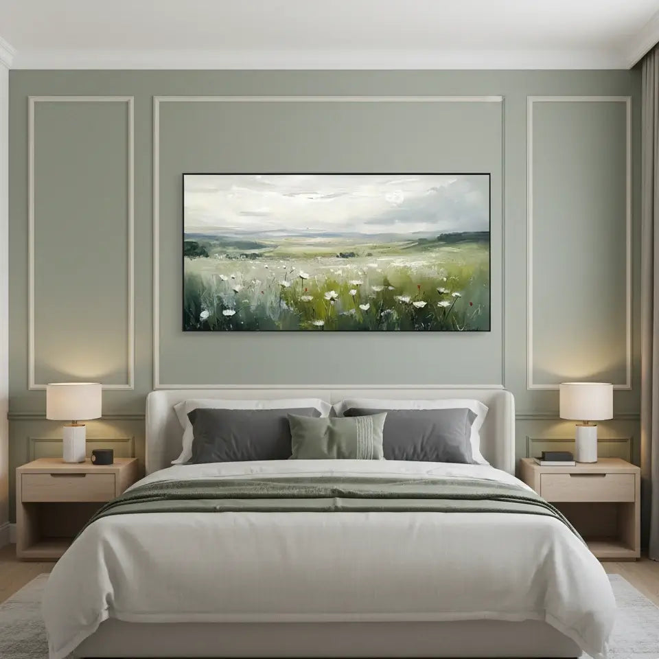 Modern bedroom with a large painting of a field on the wall above a bed.