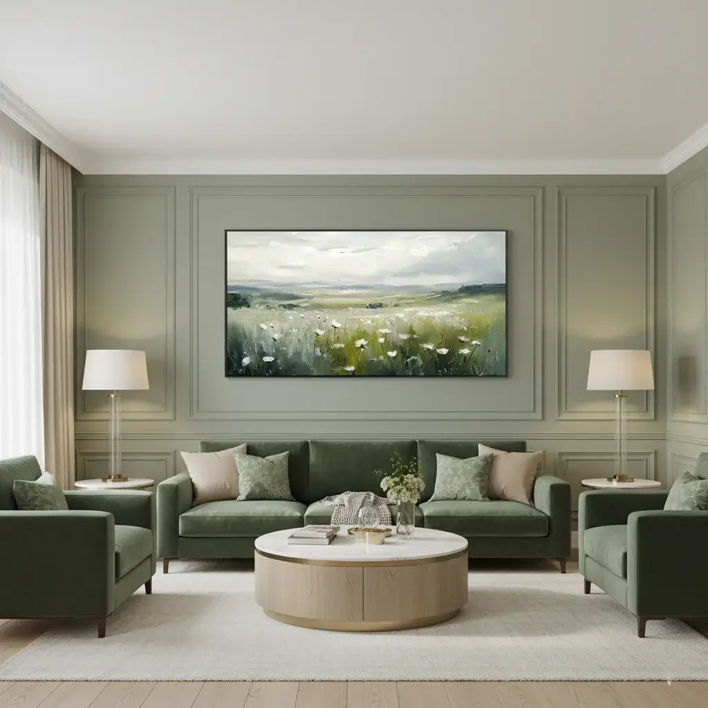 Modern living room with green sofa, round coffee table, and wall art.