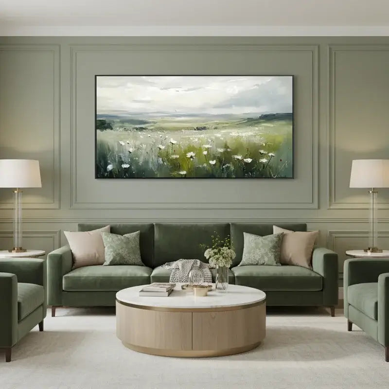 Modern living room with green sofa, round coffee table, and wall art.