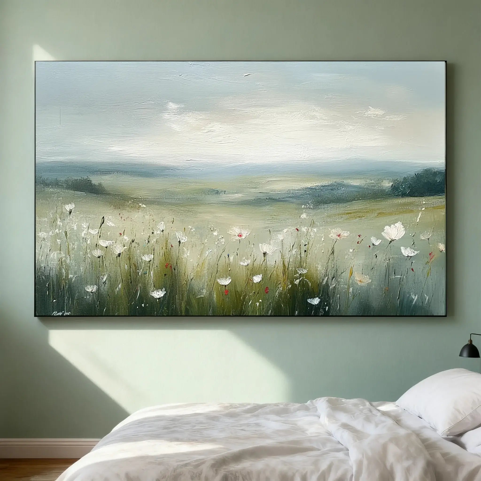 Large painting of a landscape with fields and flowers on a wall above a bed.