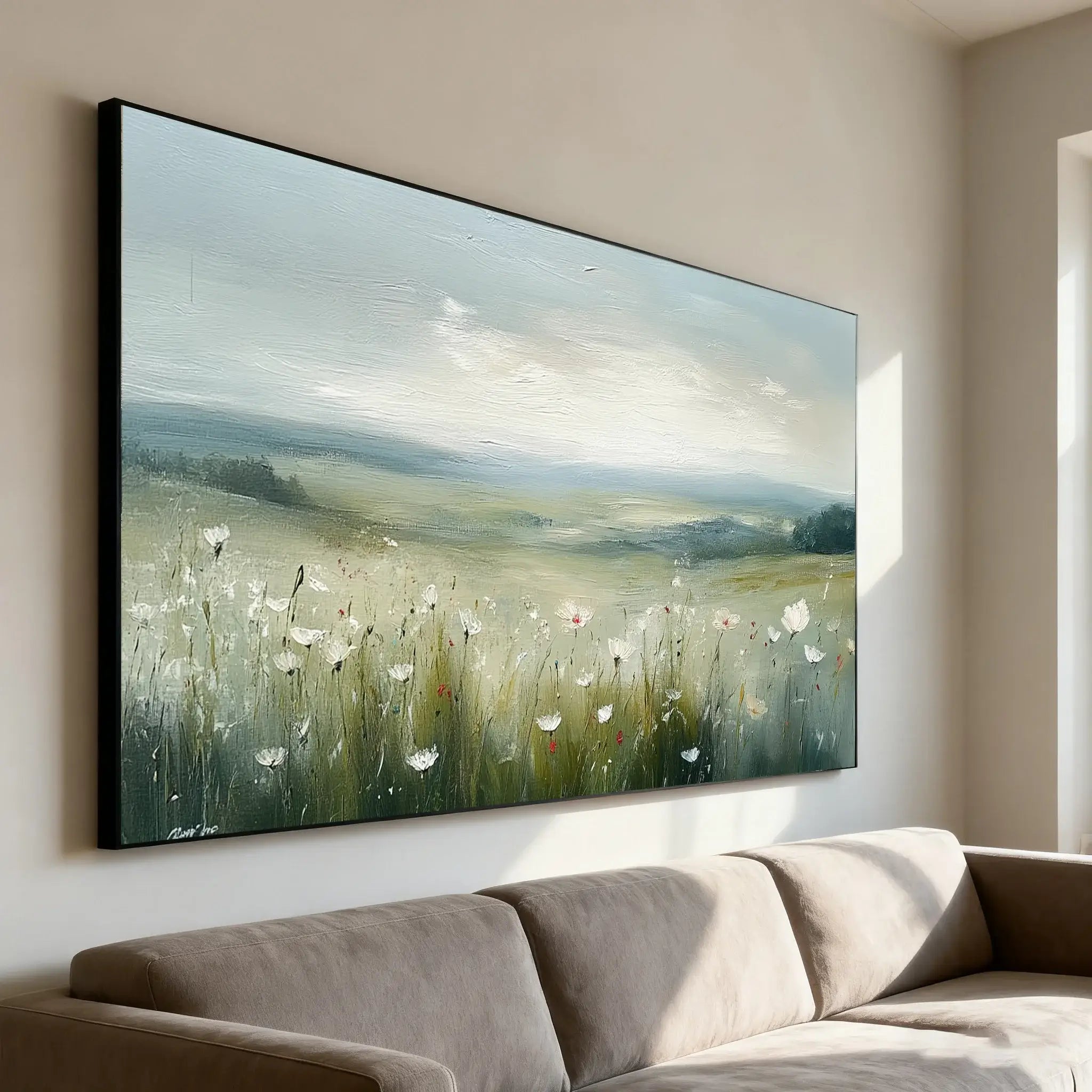 Large painting of a landscape with a field of flowers on a wall above a sofa.