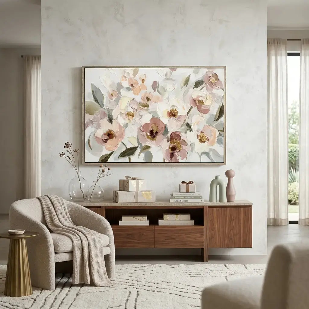 Floral painting above a wooden console table in a living room.