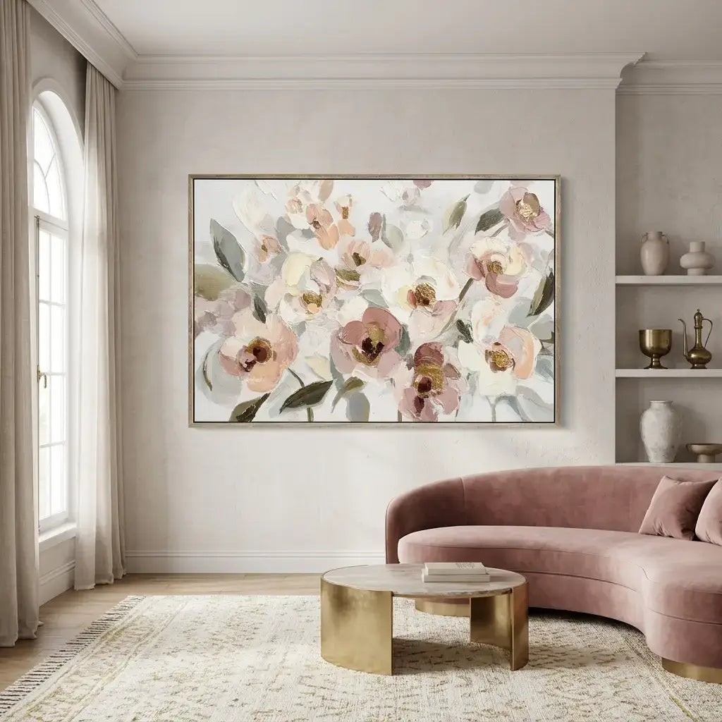 Living room with a floral painting, pink sofa, and gold coffee table.