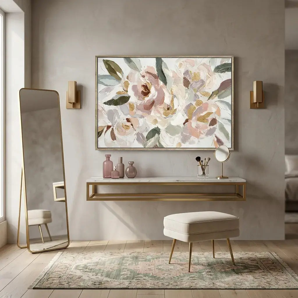 Modern interior with a floral painting, mirror, console table, and stool.