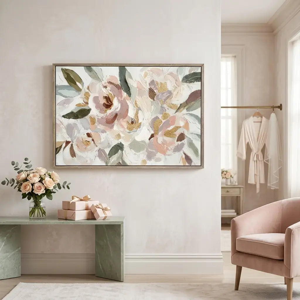 Floral painting on a wall in a stylish room with a chair and decorative items.