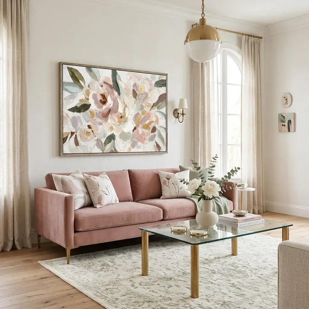 Living room with pink sofa, floral artwork, and decorative elements.
