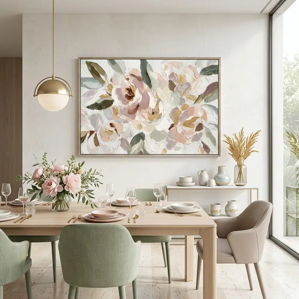 Dining room with a floral painting on the wall, table set for a meal, and chairs.