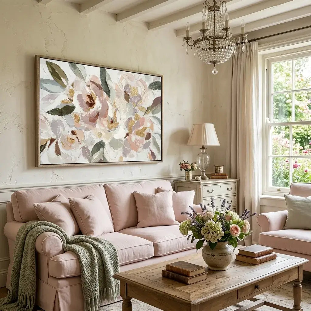 Living room with floral painting, pink sofa, and wooden coffee table.