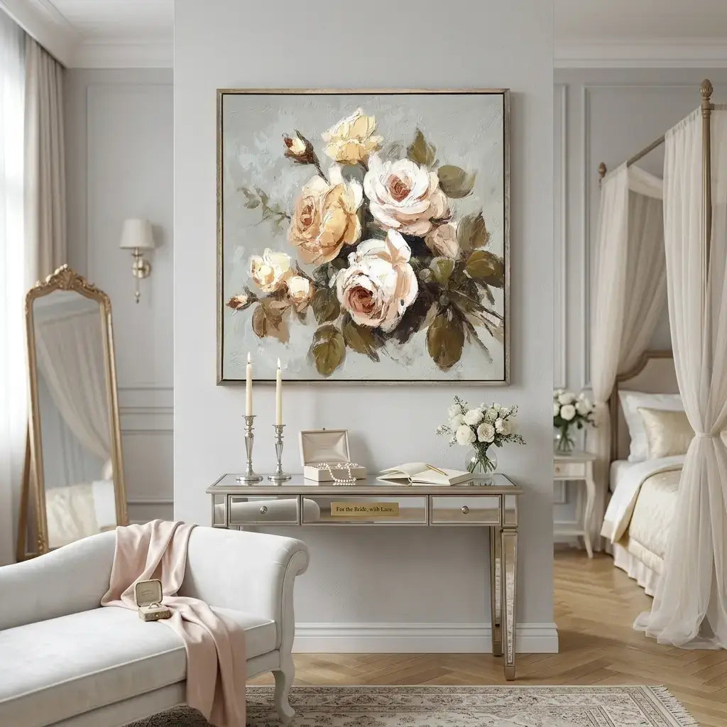 Decorative floral painting on a wall above a table in a stylish bedroom.
