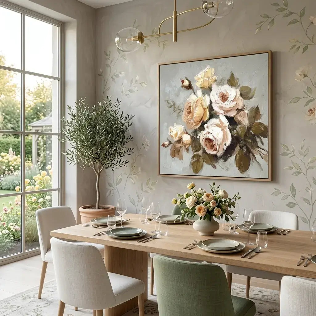 Dining room with a floral painting on the wall and a table set for dinner.