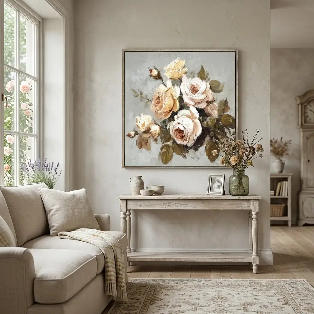 Living room with floral painting on the wall, beige sofa, and decorative table.