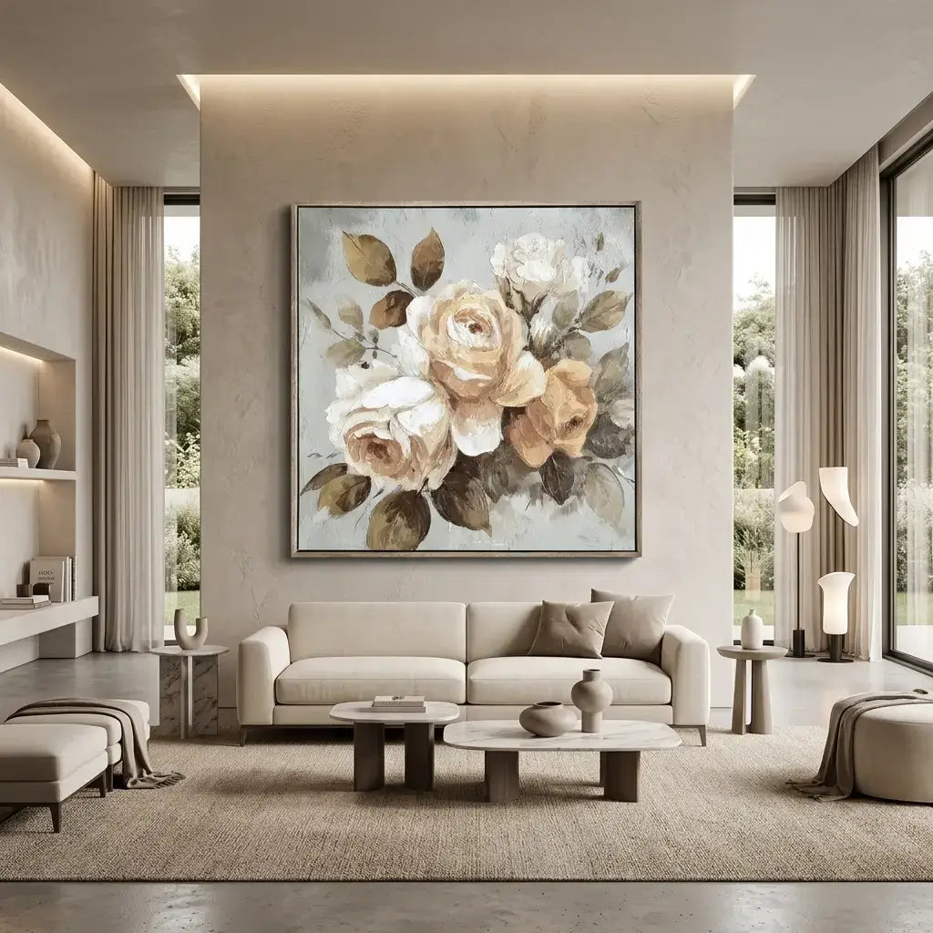 Modern living room with a large floral painting on the wall