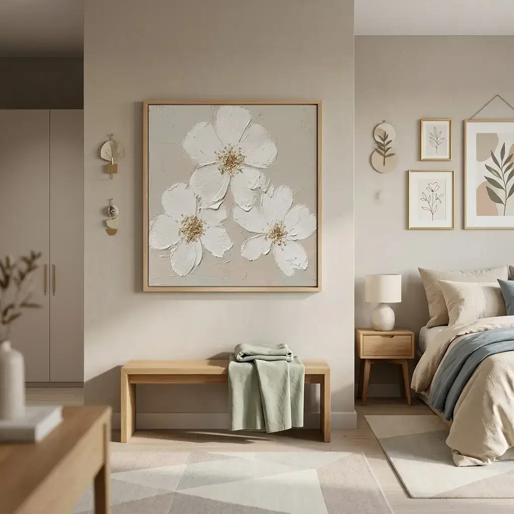 Modern bedroom with floral artwork, bench, and bed.