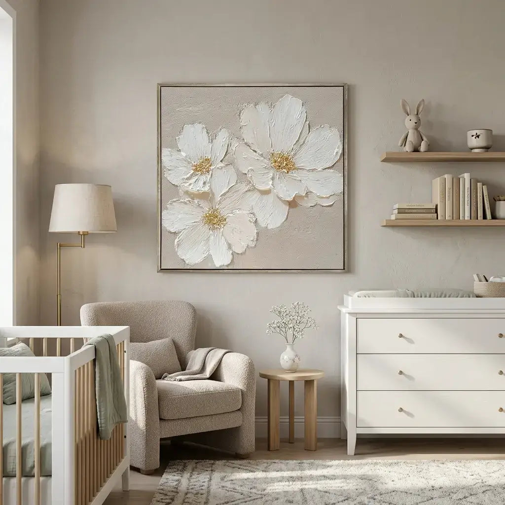 Nursery room with a white crib, armchair, and dresser.