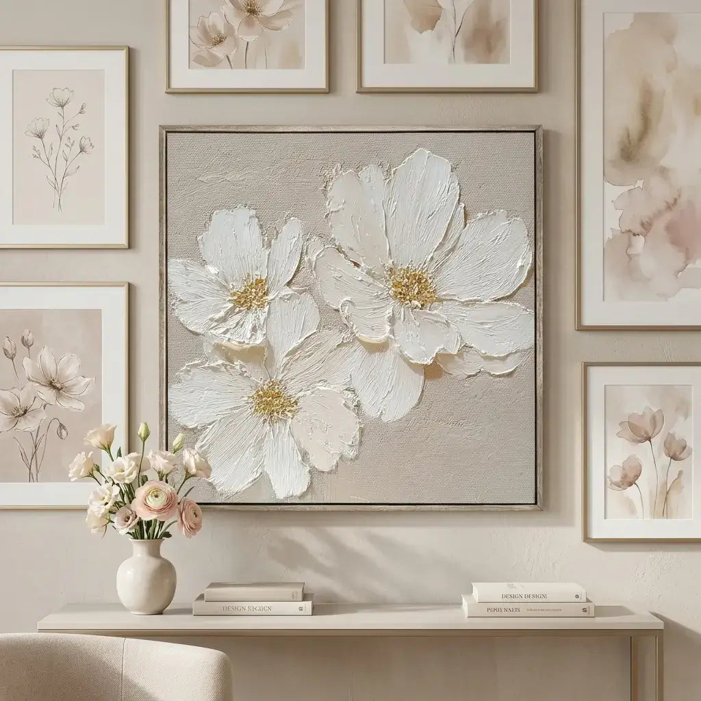 Framed floral artwork on a wall with a vase and books on a table.