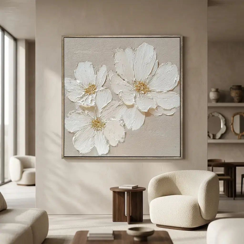Decorative floral artwork on a wall in a modern living room.