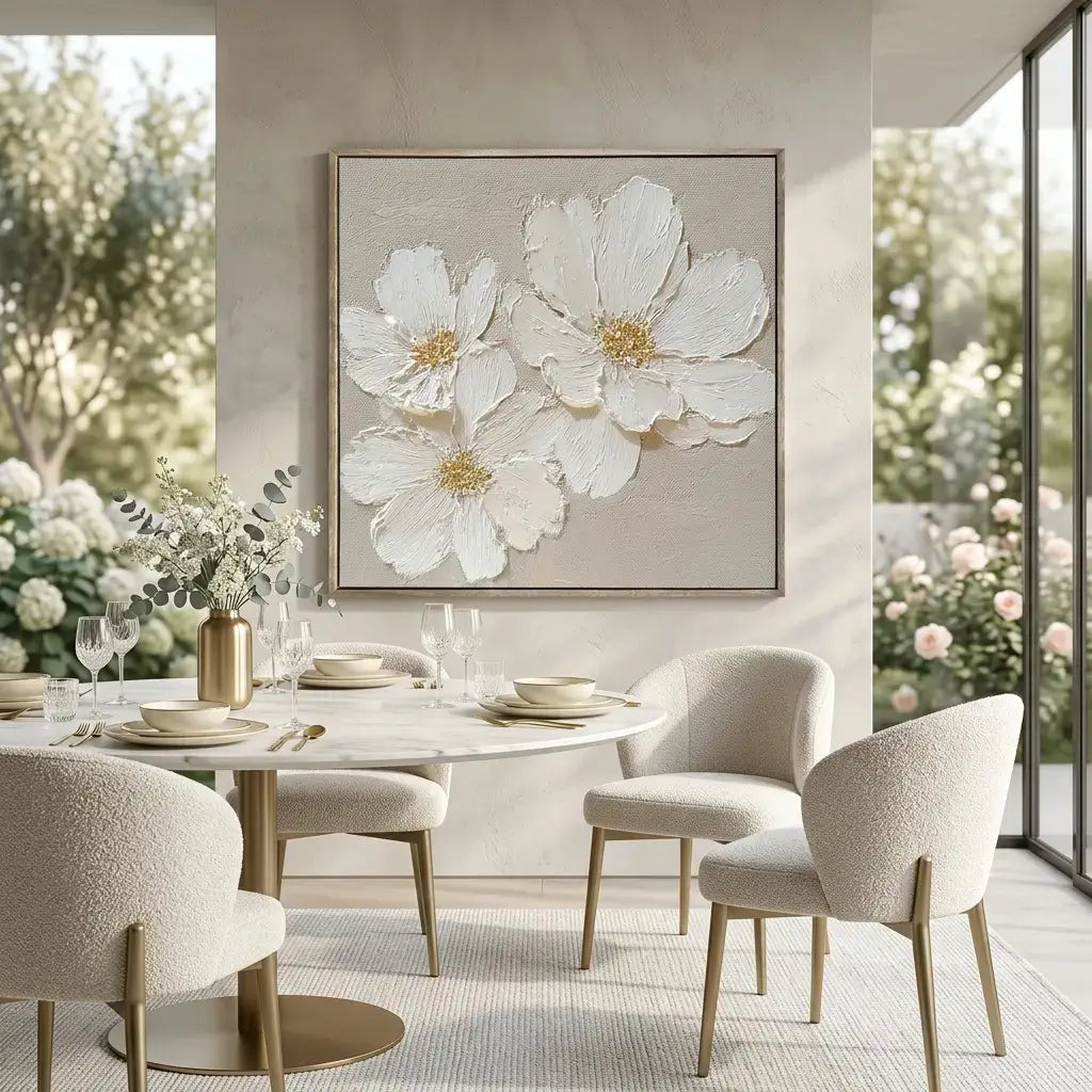 Dining room with a table set for four, chairs, and a large floral painting on the wall.