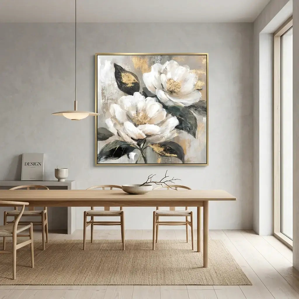 Dining room with a large floral painting on the wall above a wooden table.