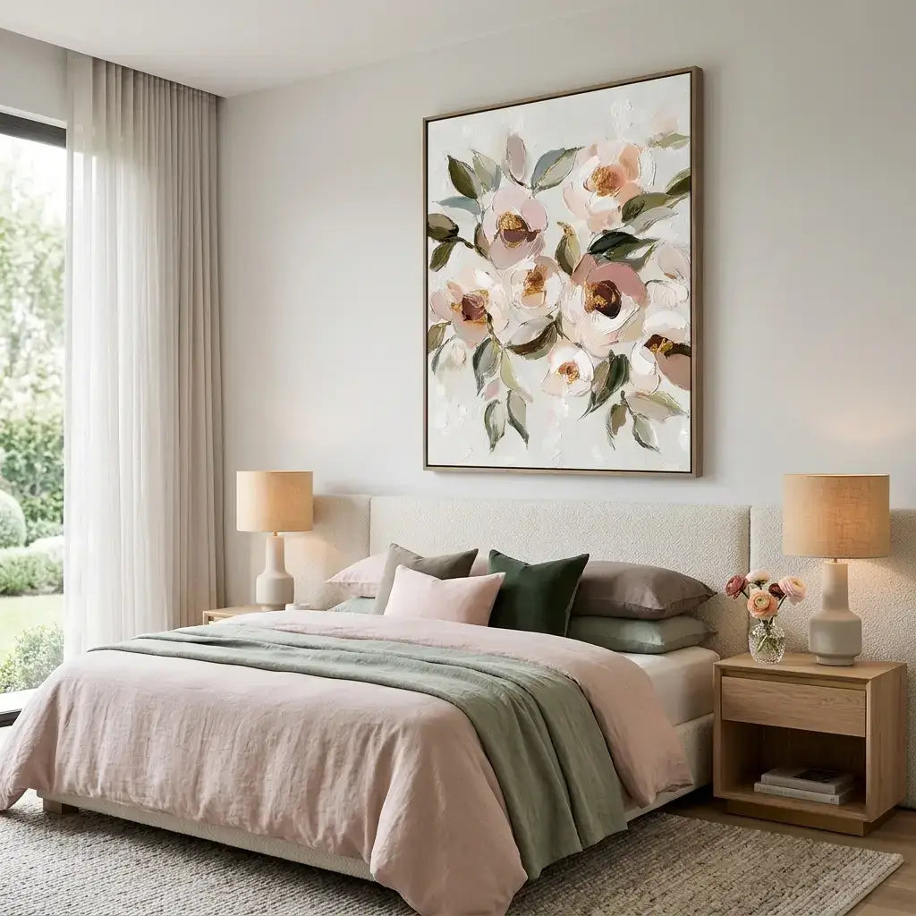 Decorative floral painting above a bed in a bedroom with lamps and pillows.