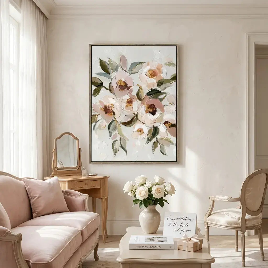 Living room with floral artwork, sofa, and decorative items.