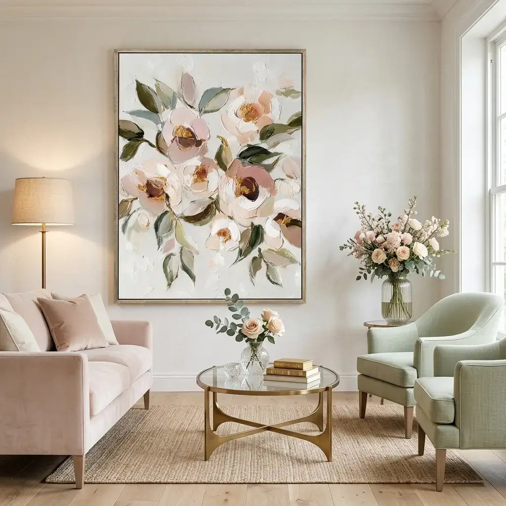 Living room with floral artwork, sofa, armchair, and coffee table.