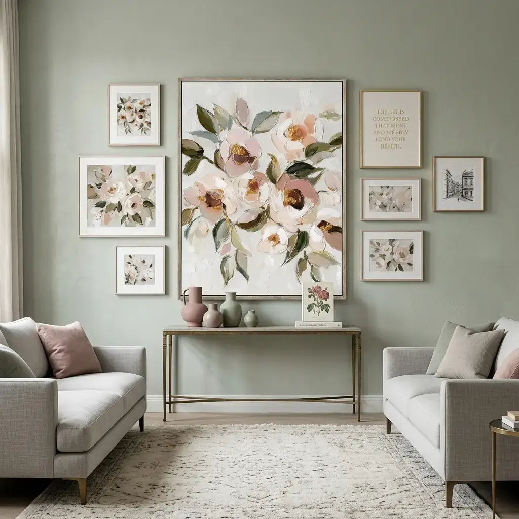 Living room with floral artwork and decor on a light green wall.