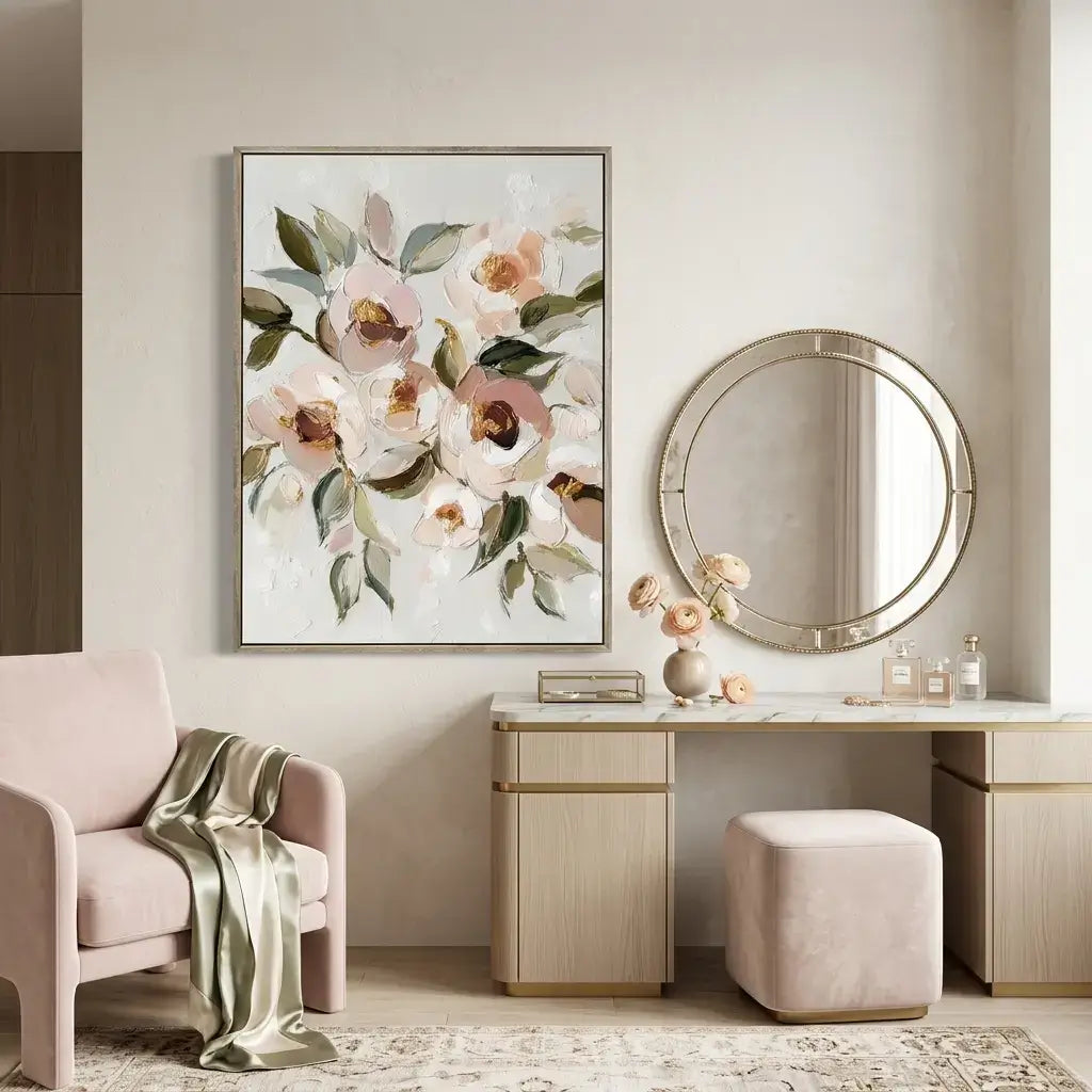 Decorative floral painting on a wall above a vanity table with a round mirror.