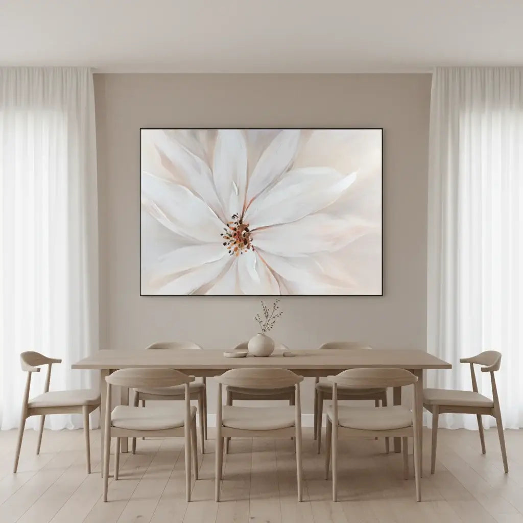 Dining room with a large floral painting on the wall above a wooden table and chairs.