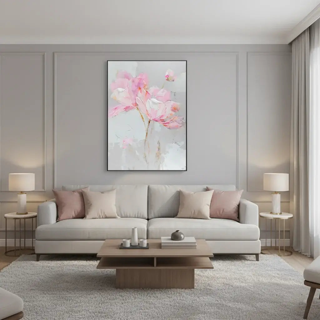 Modern living room with a gray sofa, coffee table, and floral artwork on the wall.