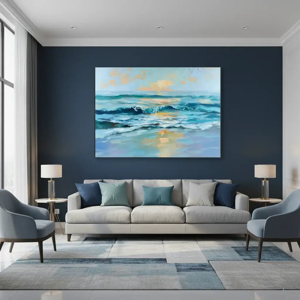 Living room with a large ocean painting on a dark blue wall, gray sofa, and two lamps.