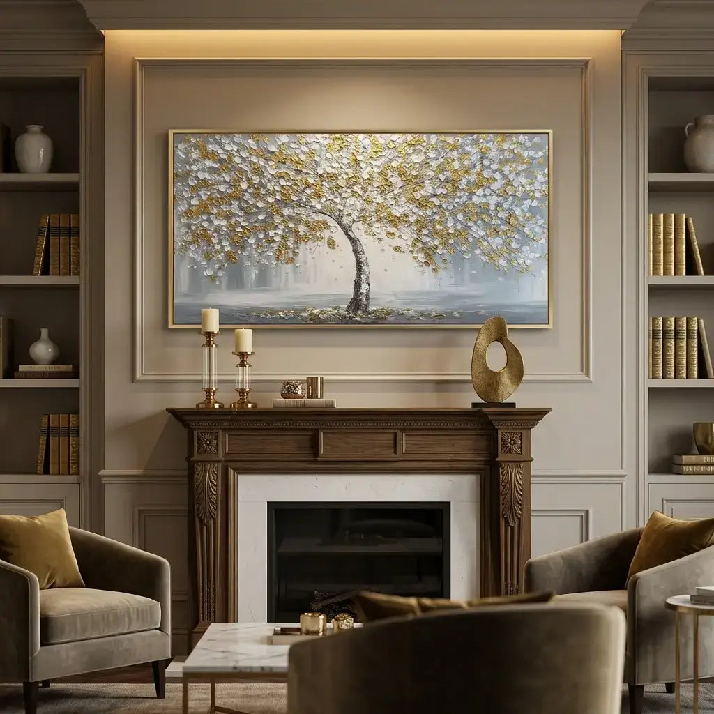 Living room with a fireplace, artwork, and decorative items.
