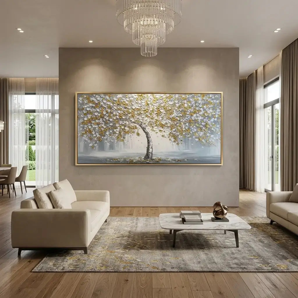 Modern living room with a large abstract painting on the wall, beige sofa, and coffee table.