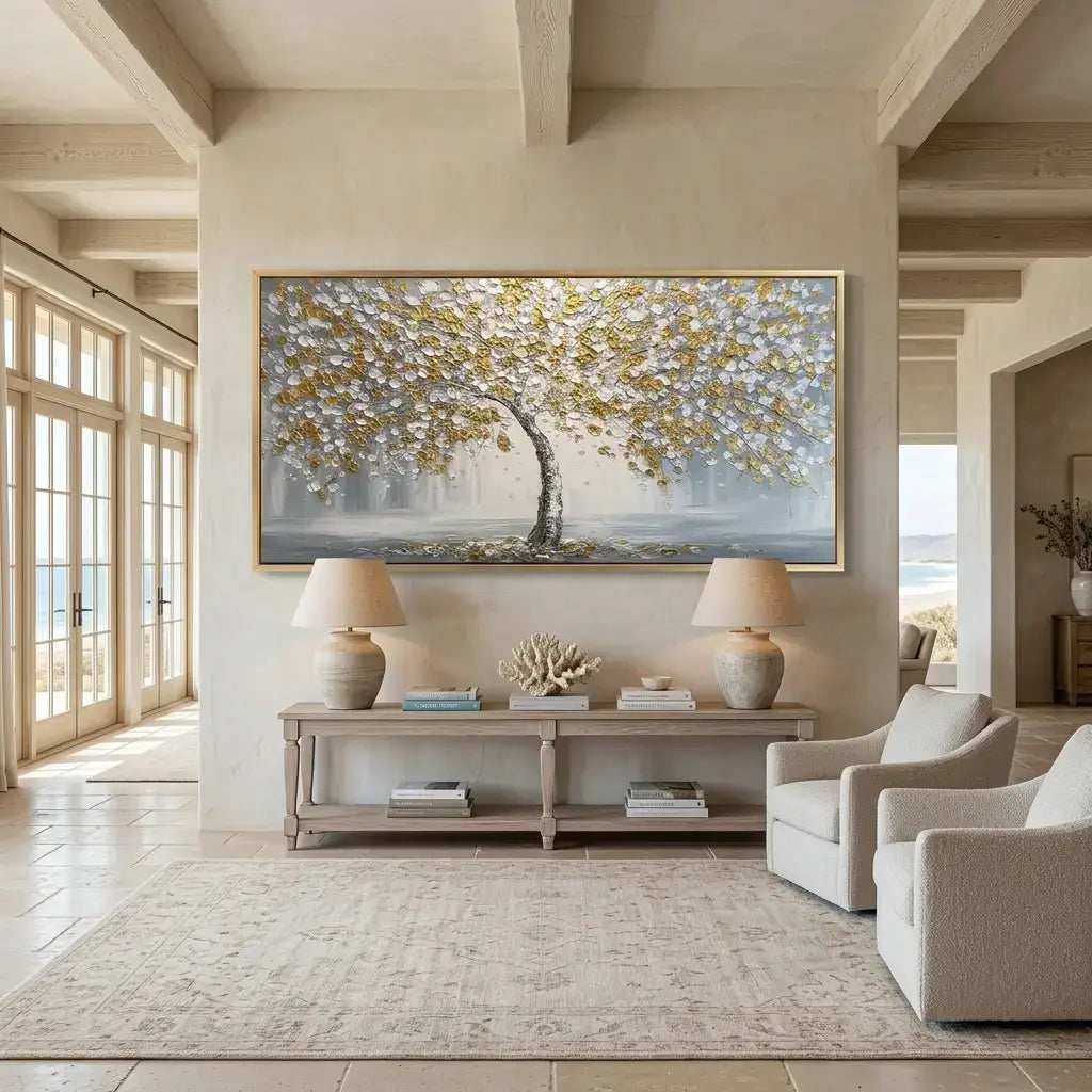 Living room with a large abstract painting of a tree on the wall, two lamps, a coffee table with decor items, and two chairs.